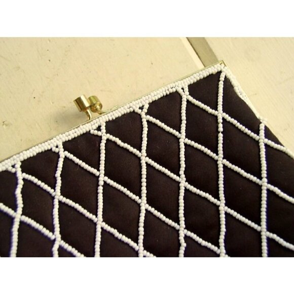 Vintage 1950s Walborg Beaded Bag Chocolate Brown Satin White Clutch Purse